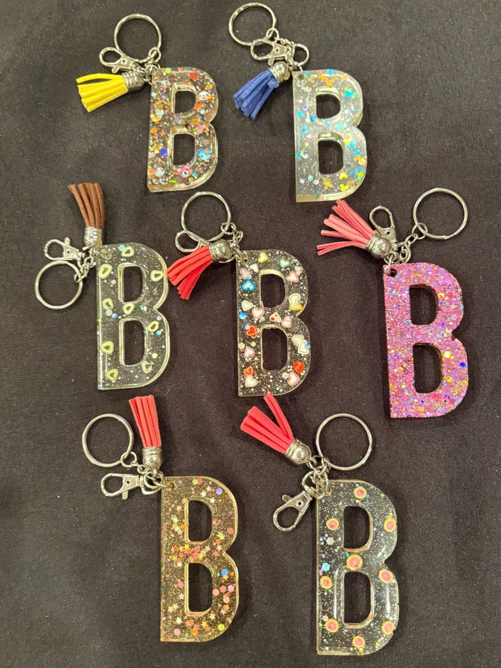 Glitter Resin 'B' Keychains with Tassels - Multiple Colors
